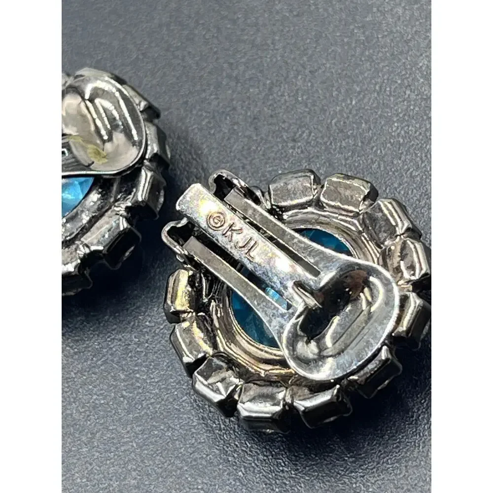Kenneth Jay Lane Vintage Aquamarine Color Button Clip Gunmetal Earrings - Picture 10 of 12